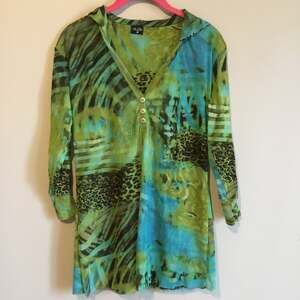 Animal Print Mesh Hooded Tunic Top Blouse Green Blue - medium
